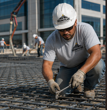IronPeak worker tying rebar on a commercial deck
