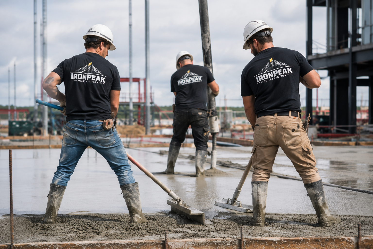 IronPeak Construction crew screeding and finishing a commercial concrete slab